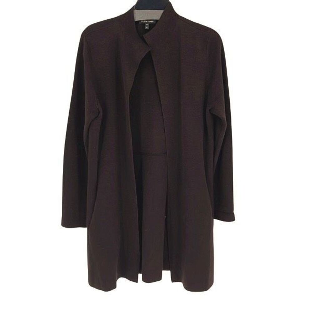 Eileen Fisher Womens Long Textured‎ Silk Cotton Knit Cardigan Chocolate Medium